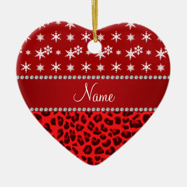 Custom name red leopard red snowflakes red stripe keramikornament (Vorne)