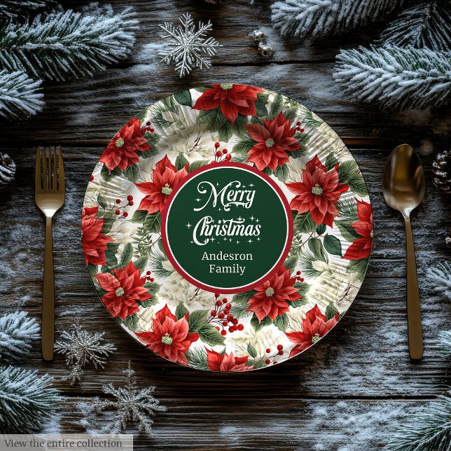 Custom Name Red Poinsettia Christmas Party Plates  Pappteller (Custom Name Red Poinsettia Christmas Party Plates )
