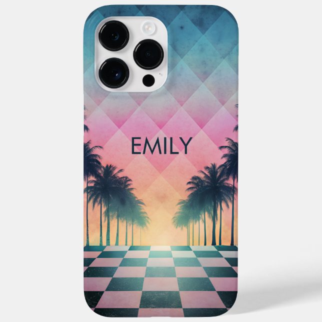 Custom Name Retro Synthwave Sunset Palm Trees Case-Mate iPhone 14 Pro Max Hülle (Rückseite)