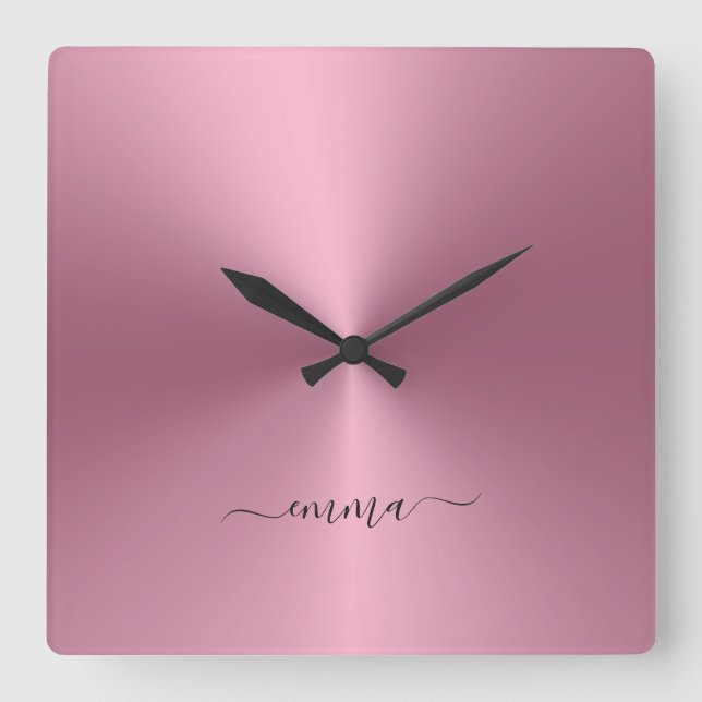 Custom Name Rosegold Metallic Style Acrylic Quadratische Wanduhr (Vorderseite)
