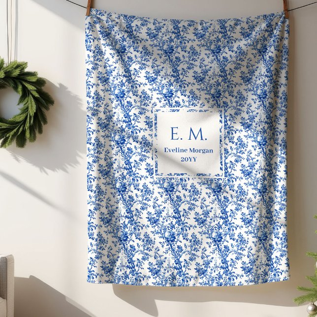Custom Name Royal Blue Toile de Jouy Throw Blanket Sherpadecke (Custom Name Royal Blue Toile de Jouy Throw Blanket)