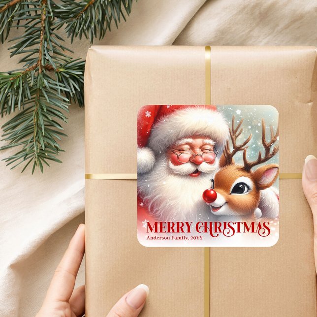 Custom Name Santa Rudolph Adorable Christmas Kids Quadratischer Aufkleber (Custom Name Santa Rudolph Adorable Christmas Sticker)