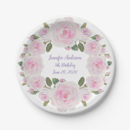 Custom Name, Text, Pink Roses Paper Plate Party Pappteller
