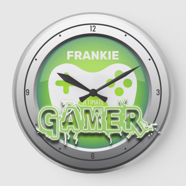 Custom NAME Ultimate Gamer Video Game Room Große Wanduhr (Vorderseite)