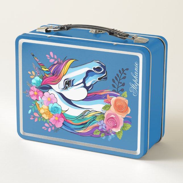 Custom Name Unicorn Lunchbox Floral Metal (Rückseite)
