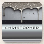 Custom Name With Dripping Liquid Metal Getränkeuntersetzer<br><div class="desc">Polished chrome nameplate reading NAME with dripping liquid metal and strong reflective highlights. Embossed 3D typography on a sleek dark background evokes luxury, modern branding, industrial design and custom identity.</div>