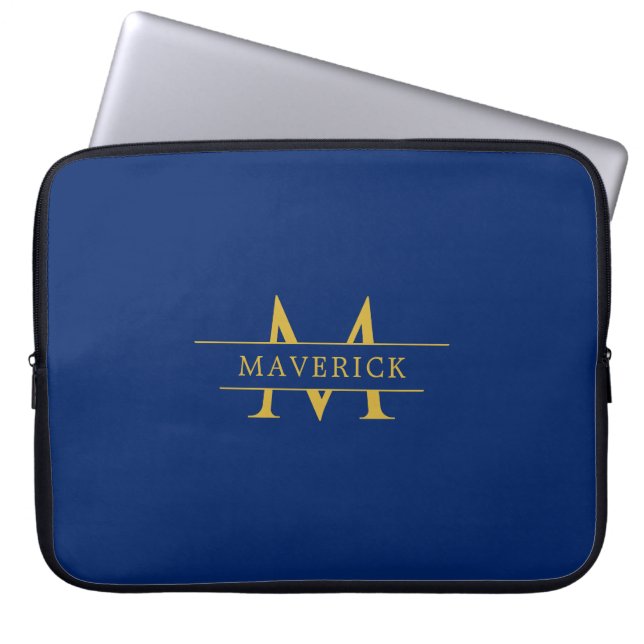 Custom Name With Monogram Stylish Navy Laptopschutzhülle (Vorderseite)