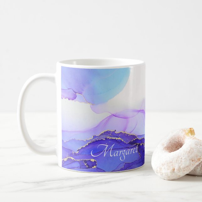 Custom Named Violet Blue Orange Alcohol Ink Art Kaffeetasse (Mit Donut)