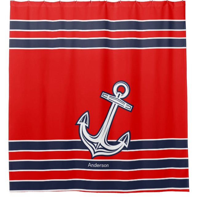 Custom Nauchor Bathroom Red Navy Blue Ba Duschvorhang (Vorderseite)