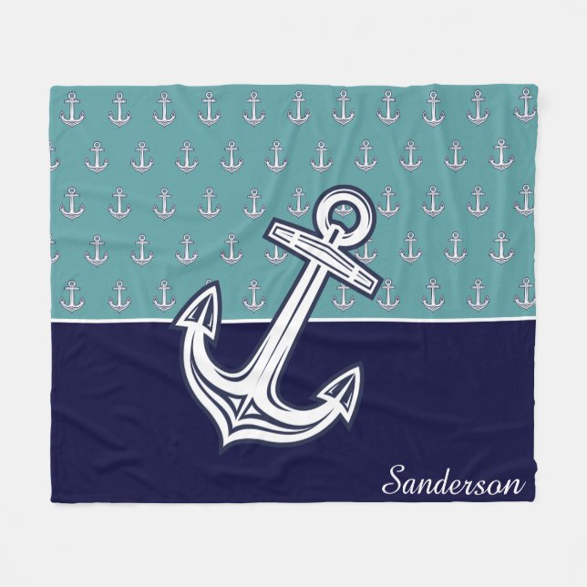 Custom Nautic Anchor Bad Aquamarin Navy Blue Fl Fleecedecke (Vorderseite (Horizontal))