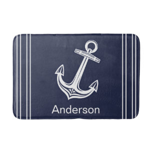 Custom Nautic Anchor Bad Ocean Navy Blau Badematte