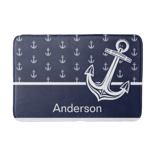 Custom Nautic Anchor Bad Ocean Navy Blau Badematte