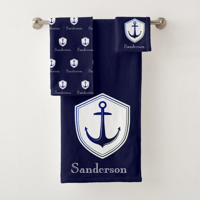 Custom Nautic Anchor Bad Ocean Navy Blau Badhandtuch Set (Insitu)