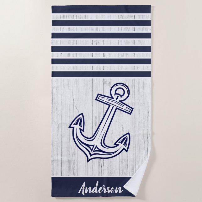 Custom Nautic Anchor Bad Ocean Navy Blau Strandtuch (Vorderseite)