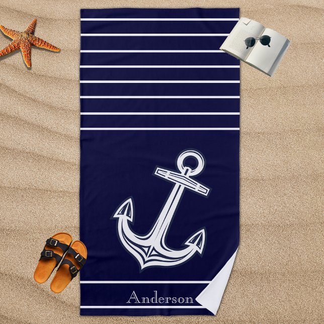 Custom Nautic Anchor Badezimmer Navy Blue Beach Strandtuch (Von Creator hochgeladen)