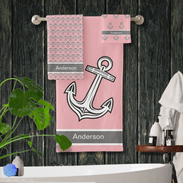 Custom Nautic Anchor Badezimmer Pink Grau Weiß Badhandtuch Set (Von Creator hochgeladen)