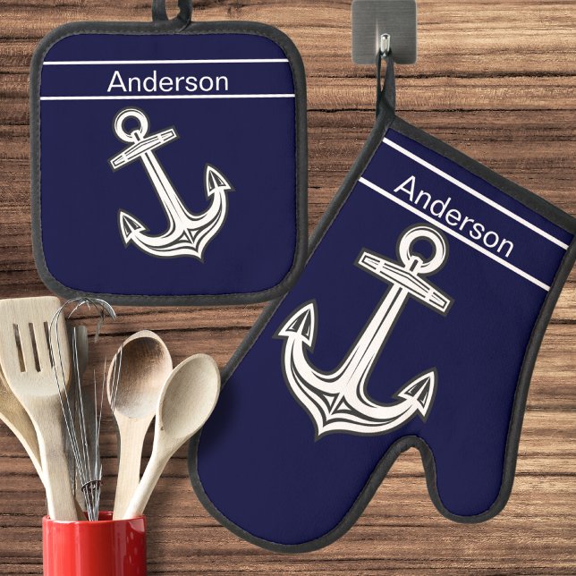 Custom Nautic Anchor Marine Navy Blue Ofenhandschuh & Topflappen-Set (Von Creator hochgeladen)