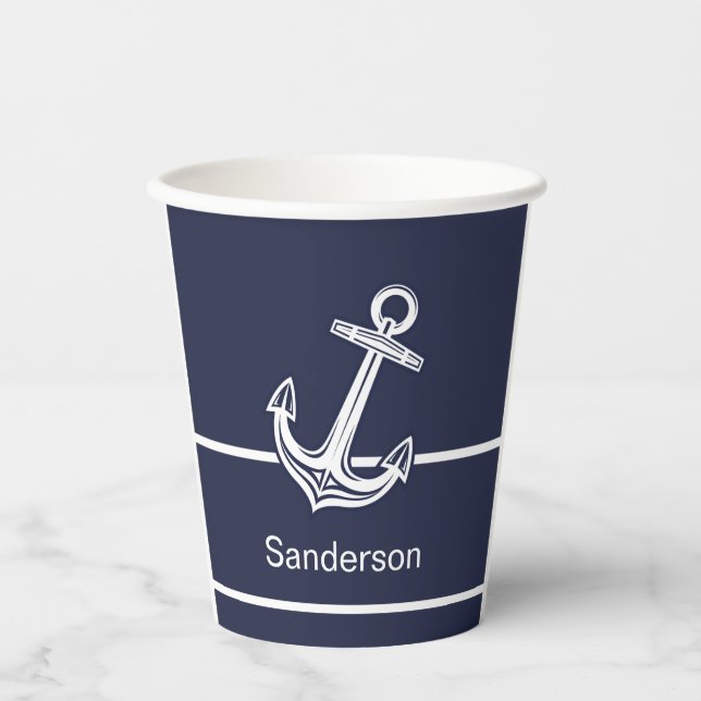 Custom Nautic Anchor Ocean Navy Blue Pappbecher (Vorderseite)