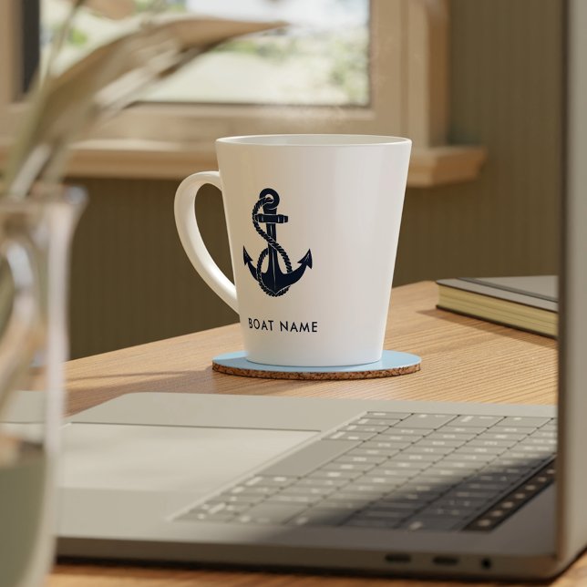 Custom Nautic Boat Name Navy Blue Anchor Milchtasse (Nautical Anchor Navy Blue Name Latte Mug)