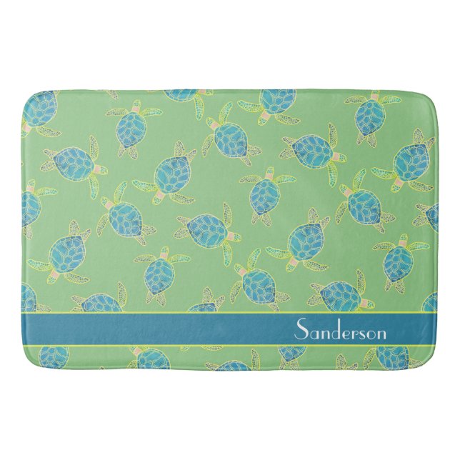Custom Nautic Coastal Sea Turtle Green Blue Badematte (Vorderseite)