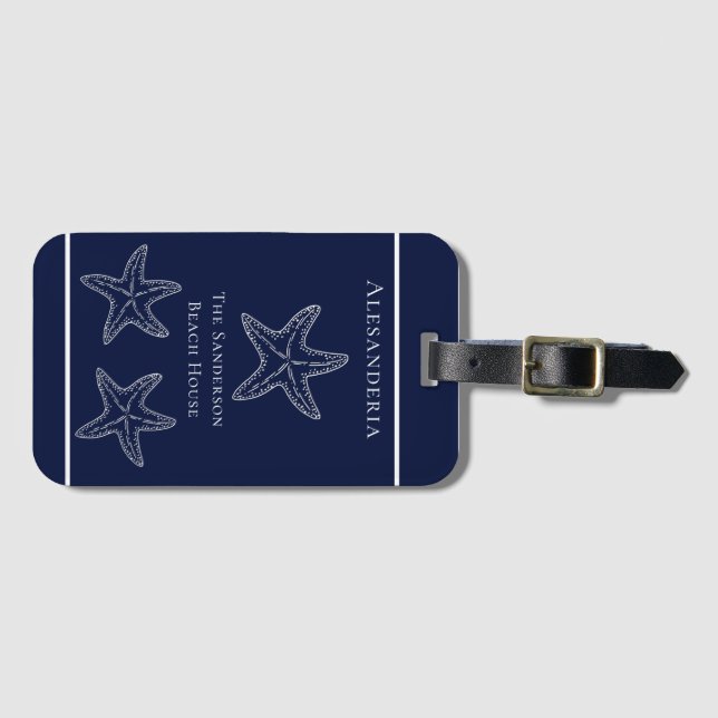 Custom Nautic White Navy Blue Starfish Beach Gepäckanhänger (Vorderseite (Horizontal))