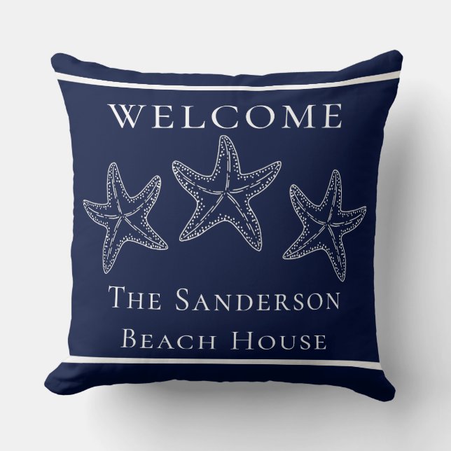 Custom Nautic White Navy Blue Starfish Kissen (Vorderseite)