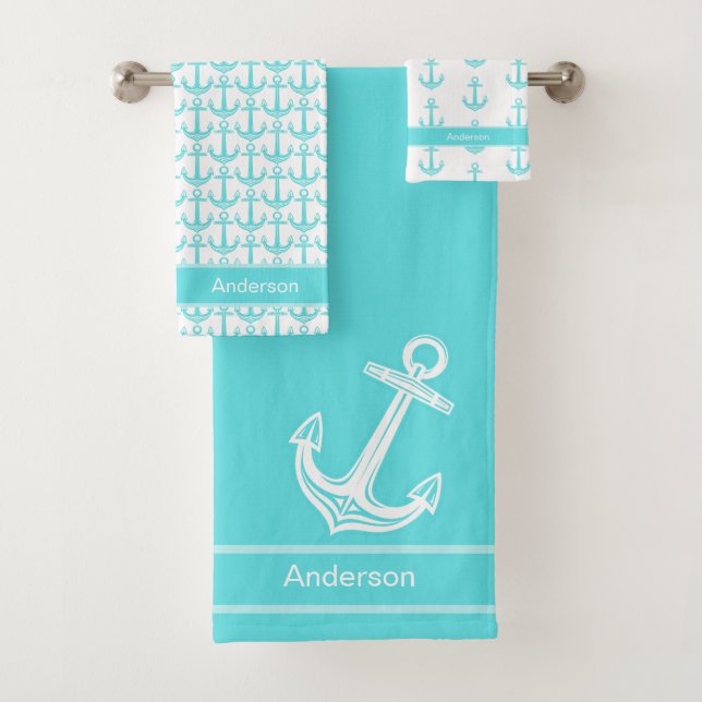Custom Nautical Anchor Aquamarin Bad Blue Aqua Badhandtuch Set (Insitu)