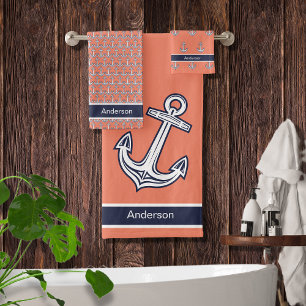 Custom Nautical Anchor Bathroom Navy Blue Coral