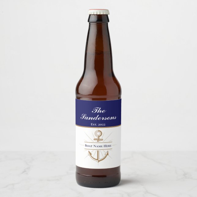 Custom Nautical Boat Party Bold Blue Anchor Name Bierflaschenetikett (Vorderseite)