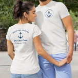 Custom Nautical Navy Blue Captain and Boat Name T-Shirt<br><div class="desc">Custom nautical t-shirt design feature a simple, stylish navy blue coastal style design on the front and back with boat anchor akzent and Welcome Aboard message on the back. Personalize the custom text with the name of the boat, boat owner / captain, mieten, or other preferred wording. Navy blue color...</div>