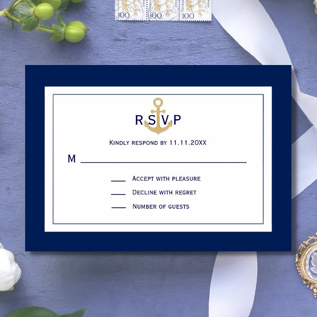 Custom Nautical Navy Blue Gold Anchor UAWG Wedding RSVP Karte (Von Creator hochgeladen)