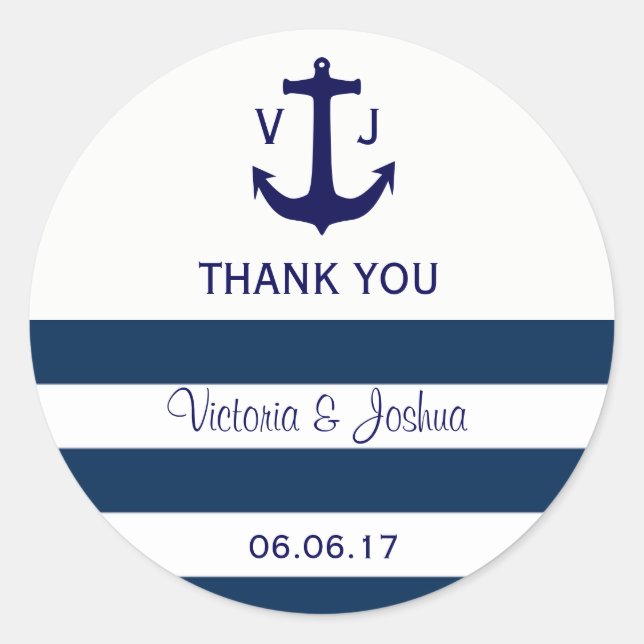 Custom Nautical Navy Blue Stripes Anchor Hochzeit Runder Aufkleber (Vorderseite)