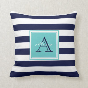 CUSTOM Navy Aqua Mit Monogramm Markisenstreifen Kissen