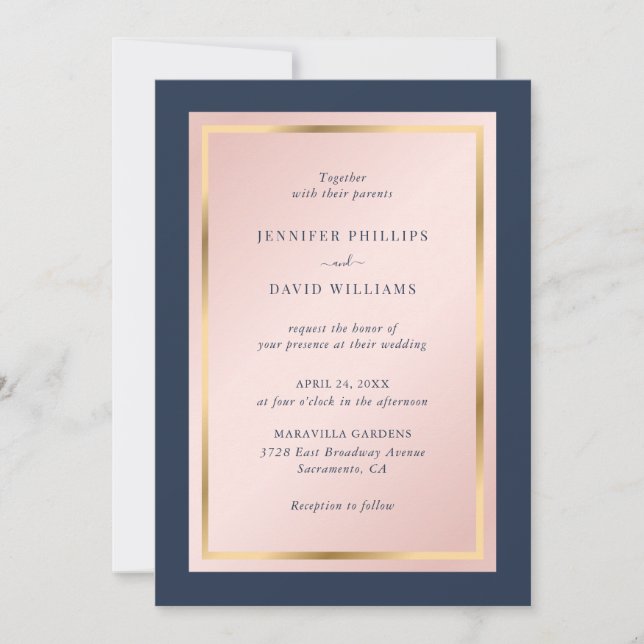Custom Navy Blue Blush and Gold Wedding Einladung (Vorderseite)