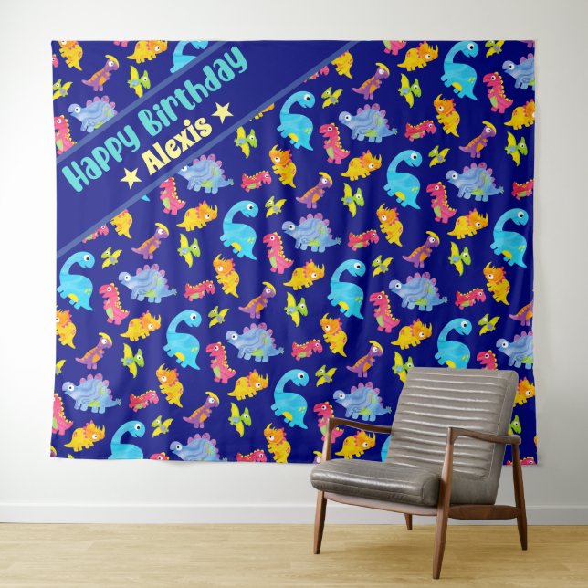 Custom Navy Blue Colorful Dinosaurier Thema Geburt Wandteppich (Beispiel (Horizontal))