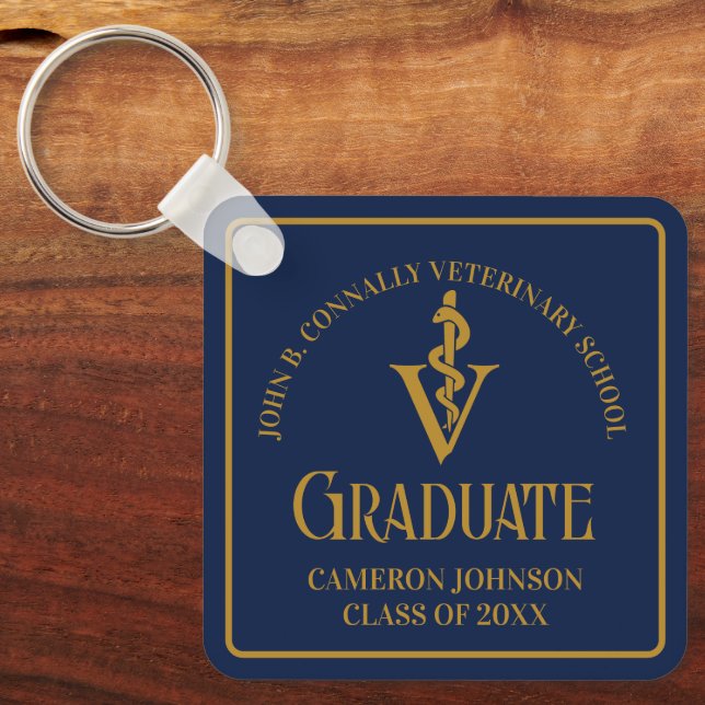 Custom Navy Blue Gold Veterinary School Abschluss Schlüsselanhänger (Vorderseite)