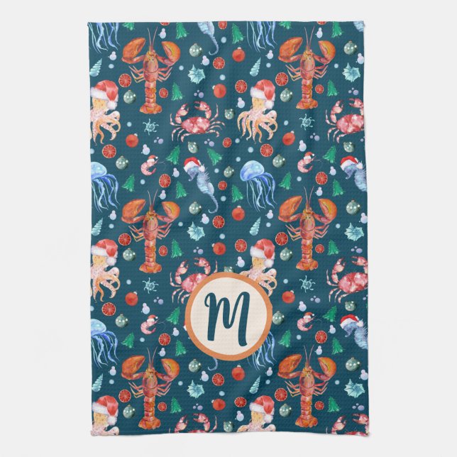 Custom Navy Blue Lobster Crustaceanco Holiday Geschirrtuch (Vertikal)