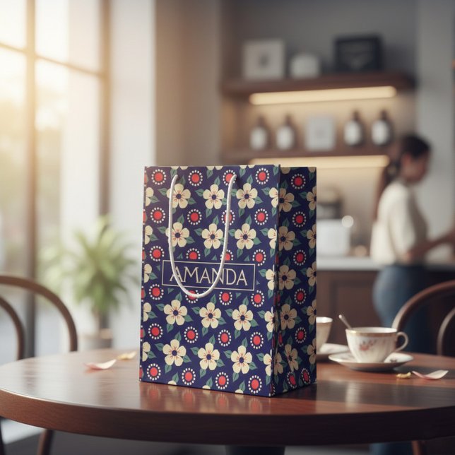 Custom Navy Blue mit Creme Blume Geschenktasche Mittlere Geschenktüte (Von Creator hochgeladen)