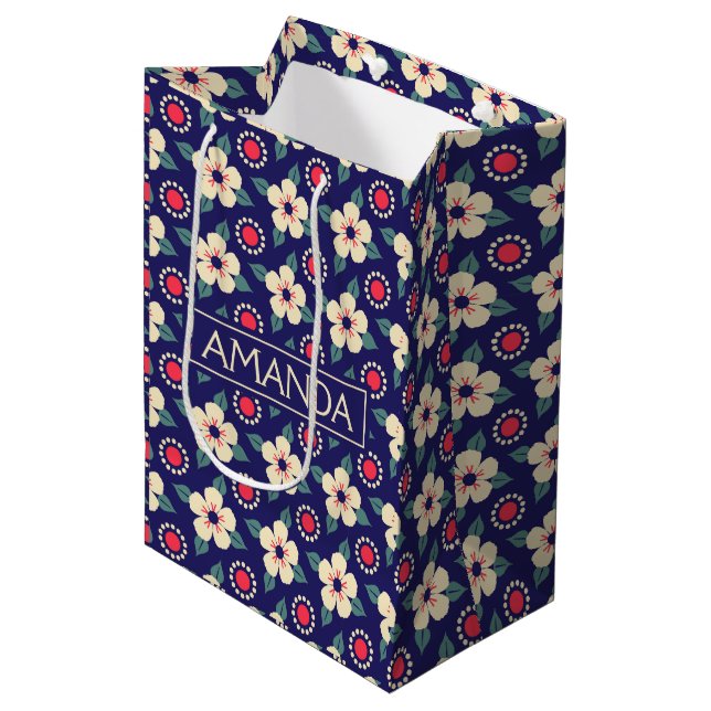 Custom Navy Blue mit Creme Blume Geschenktasche Mittlere Geschenktüte (Vorderseite Schrägansicht)