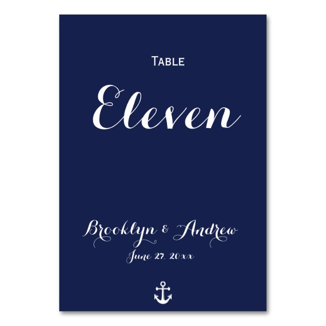 Custom Navy Blue Nautical Wedding Tischnummern (Vorderseite)