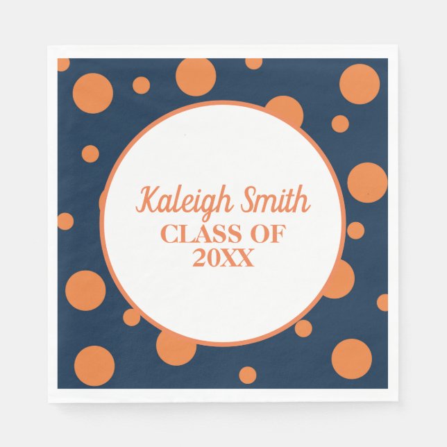 Custom Navy Blue Orange Polka Dot Graduation Party Serviette (Vorderseite)