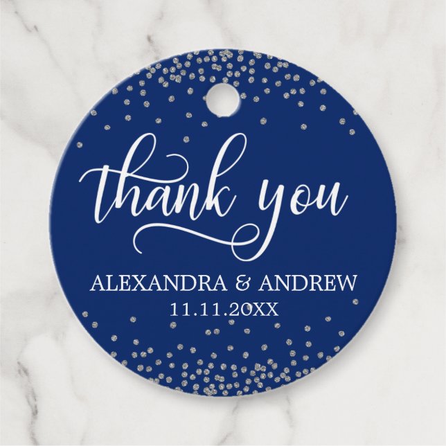 Custom Navy Blue Silver Confetti Wedding Vielen Da Geschenkanhänger (Vorderseite)