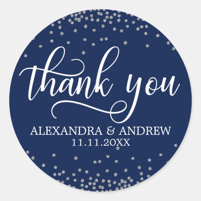 Custom Navy Blue Silver Confetti Wedding Vielen Da Runder Aufkleber (Vorderseite)