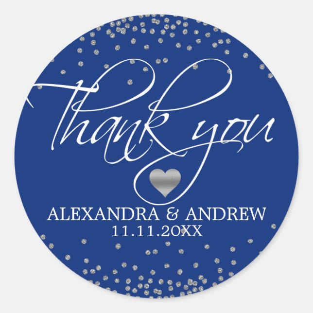 Custom Navy Blue Silver Confetti Wedding Vielen Da Runder Aufkleber (Vorderseite)
