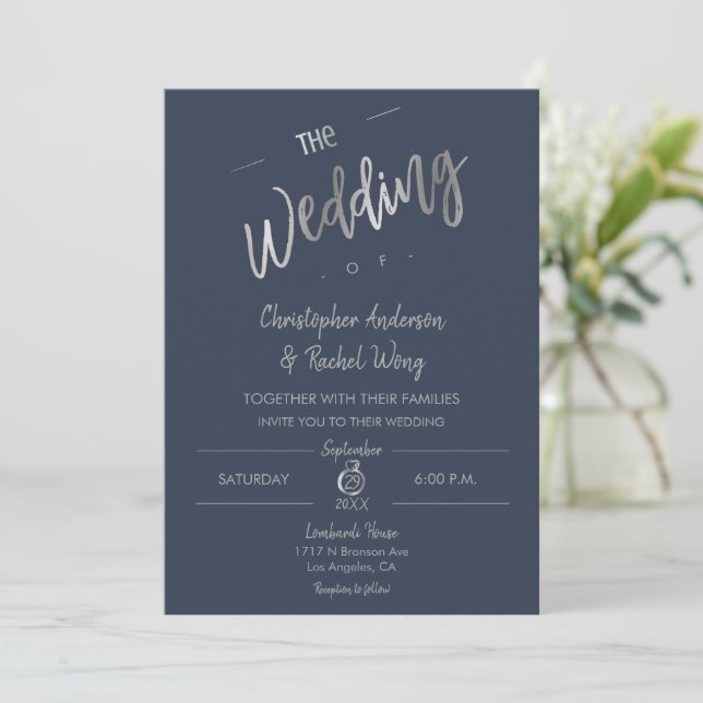 Custom Navy Blue Simple Script Silver Foil Hochzei Einladung (Stehend Vorderseite)