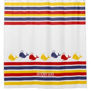  Custom Navy Blue Yellow WHALE Stripe nautisch Duschvorhang