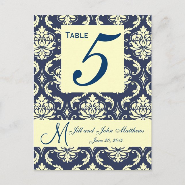 Custom Navy Damask Wedding Tischnummer (Vorderseite)
