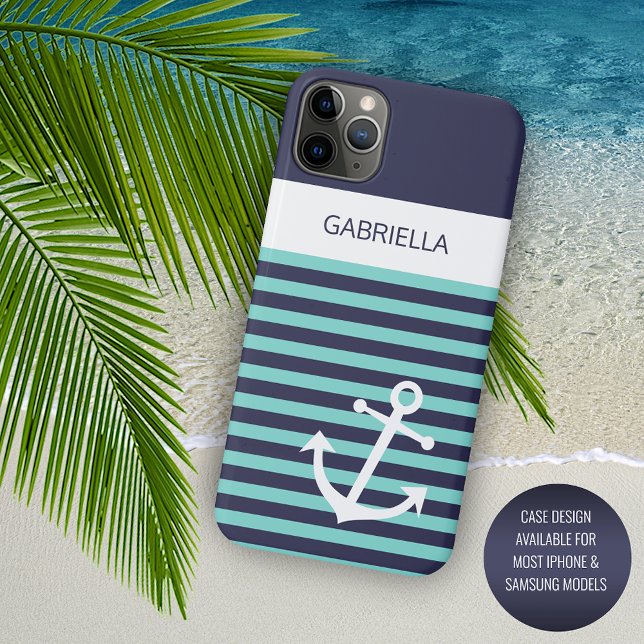 Custom Navy Dark Blue White Aqua Türkis Stripes Case-Mate iPhone Hülle (Von Creator hochgeladen)