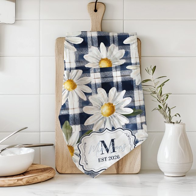 Custom Navy Gingham Daisy Monogram Geschirrtuch (Von Creator hochgeladen)