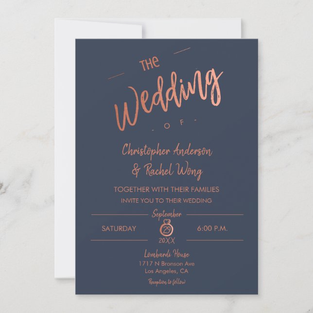 Custom Navy Simple Script Rose Gold Foil Hochzeit Einladung (Vorderseite)